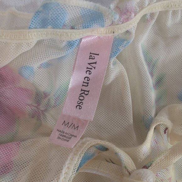La Vie En Rose Sheer Yellow Floral Short Sleeve Poof Shirt Top M Medium Mesh - Picture 5 of 10